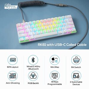 RK ROYAL KLUDGE RK61 60% Mechanical Keyboard with Coiled Cable, 2.4Ghz/Bluetooth/Wired, Wireless Bluetooth Mini Keyboard 61 Keys, RGB Hot Swappable Brown Switch Gaming Keyboard with Software - White