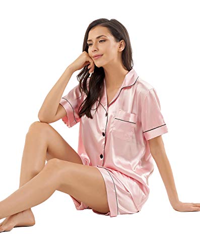 GAESHOW Satin Pajamas for Women, Silk Pajama Set with Shorts Short Sleeve Two Piece Pj Sets Button-Down Sleepwear Loungewear S~3XL Pink