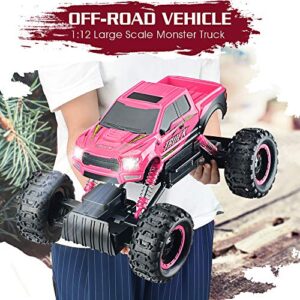 DOUBLE E Remote Control Car for Girls 1/12 Scale Monster Trucks Dual Motors Off Road RC Trucks, Girls Toys Gifts for Girls Daughter Kids, Birthday Gift Ideas, Pink