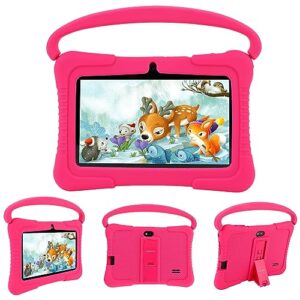 veidoo kids tablet, 7 inch android tablet for kids 1gb ram 16gb storage, toddler tablet with ips screen, parent control, bluetooth, wifi, kid-proof case with kickstand, learning, games (pink)