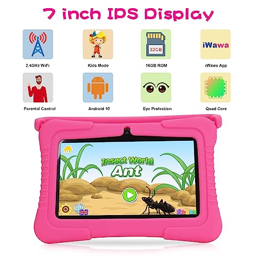 Veidoo Kids Tablet, 7 inch Android Tablet for Kids 1GB Ram 16GB Storage, Toddler Tablet with IPS Screen, Parent Control, Bluetooth, WiFi, Kid-Proof case with Kickstand, Learning, Games (Pink)