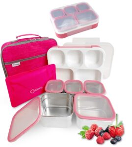 stainless steel kids bento lunch-box with lunch bag ice pack for toddler kids adult, leak-proof school lunch container boxes, food snack containers for child daycare picnic, 5 compartment 34 oz pink