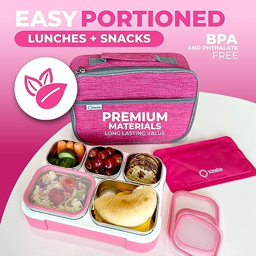 Stainless Steel Kids Bento Lunch-Box with Lunch Bag Ice Pack for Toddler Kids Adult, Leak-Proof School Lunch Container Boxes, Food Snack Containers for Child Daycare Picnic, 5 Compartment 34 oz Pink