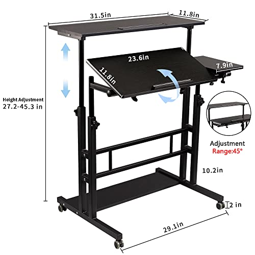 SIDUCAL Mobile Stand Up Desk, Adjustable Laptop Desk with Wheels Storage Desk Home Office Workstation, Rolling Table Laptop Cart for Standing or Sitting, Black