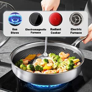 Potinv Hybrid Stainless Steel Frying Pan with Stay Cool Handle 10 Inch,Non-Stick,Dishwasher and Oven Safe,Works with Induction Cooktop,Gas,Ceramic,and Electric Stove