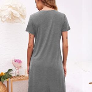 Ekouaer Women's Nightshirt Short Sleeve Button Down Nightgown V-Neck Sleepwear Pajama Dress, Grey, Large