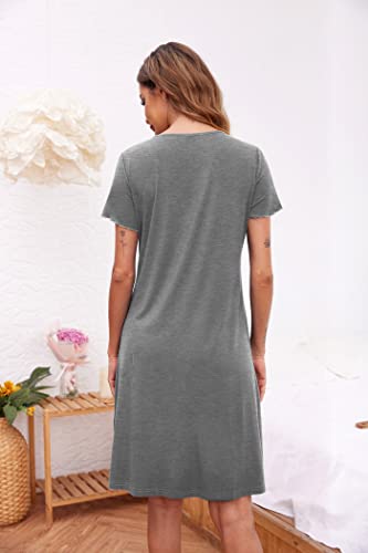 Ekouaer Women's Nightshirt Short Sleeve Button Down Nightgown V-Neck Sleepwear Pajama Dress, Grey, Large