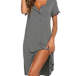 Ekouaer Women's Nightshirt Short Sleeve Button Down Nightgown V-Neck Sleepwear Pajama Dress, Grey, Large