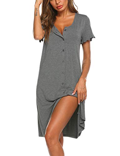 Ekouaer Women's Nightshirt Short Sleeve Button Down Nightgown V-Neck Sleepwear Pajama Dress, Grey, Large