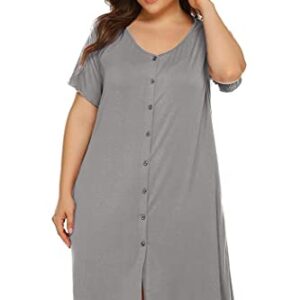 Ekouaer Women's Nightshirt Short Sleeve Button Down Nightgown V-Neck Sleepwear Pajama Dress, Grey, Large