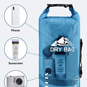HEETA Waterproof Dry Bag for Women Men, Roll Top Lightweight Dry Storage Bag Backpack with Phone Case for Travel, Swimming, Boating, Kayaking, Camping and Beach, Transparent Blue 5L