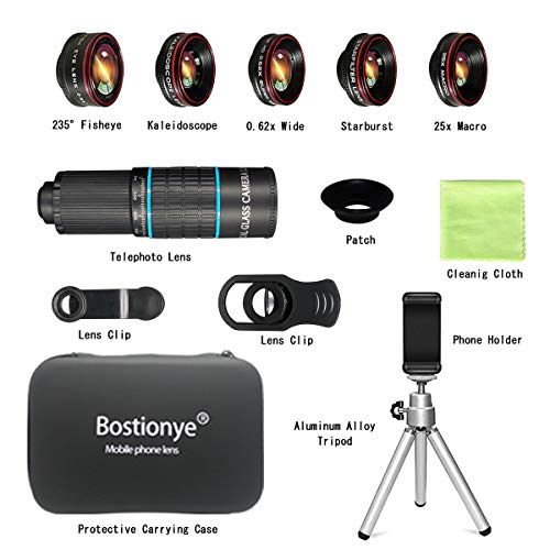 Phone Camera Lens Kit 10 in 1 for iPhone Samsung Pixel Android, 22X Telephoto Lens, 0.62X Super Wide Angle Lens&25X Macro Lens, 235° Fisheye,Kaleidoscopes, Starlight，Tripod，for Most Smartphone