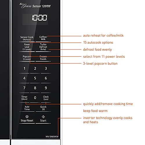 Panasonic NN-SN65KW Microwave Oven with Inverter Technology, 1200W, 1.2 cu.ft. Small Genius Sensor One-Touch Cooking, Popcorn Button, Turbo Defrost-NN-SN65KW-(White)