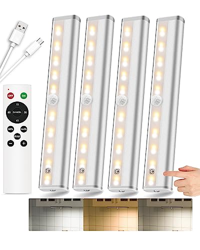 SZOKLED 20LED Under Cabinet Lights Remote Control, Dimmable Under Cabinet Lighting Wireless, Rechargeable Under Counter Lights for Kitchen, Shelf, Hallway, Display, Stairs, Multiple Colors 4 Pack