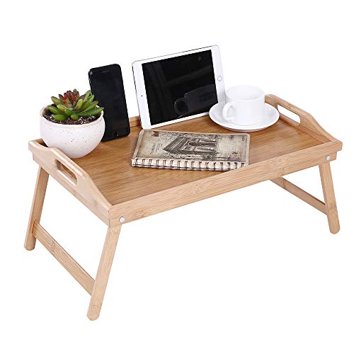 KKTONER Bamboo Bed Tray Table with Folding Legs Foldable Serving Portable Laptop Tray Snack Tray Breakfast Tray Bed Table Drawing Table