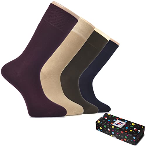 Hugh Ugoli Men's Bamboo Dress Socks for Business & Trouser, Thin & Seamless Crew Socks, 4 Pairs with Gift Box, Shoe Size 8-12, Assorted, Shoe Size: 8-12