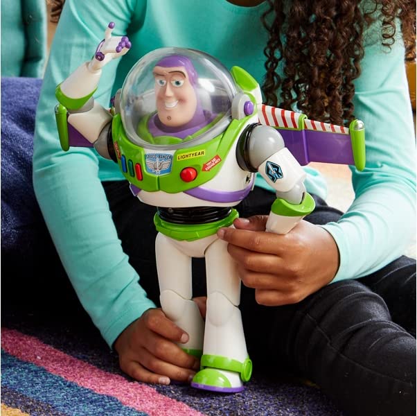 Disney Store Official Buzz Lightyear Interactive Talking Action Figure from Toy Story, 11 inch, Features 10+ English Phrases, Interacts with Other Figures and Toys, Light-Beam Features, Ages 3+