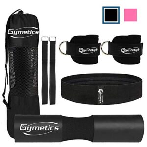 gymletics 7 pack barbell squat pad for standard set for hip thrusts, 2 gym ankle straps, hip exercise band, 2 squat pad safety straps and carry bag
