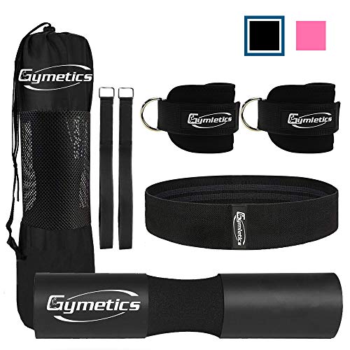 Gymletics 7 Pack Barbell Squat Pad for Standard Set for Hip Thrusts, 2 Gym Ankle Straps, Hip Exercise Band, 2 Squat Pad Safety Straps and Carry Bag