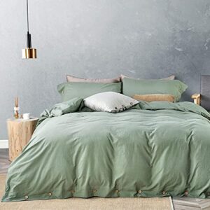 jellymoni green 100% washed cotton duvet cover set, 3 pieces luxury soft bedding set with buttons closure. solid color pattern duvet cover queen size(no comforter)