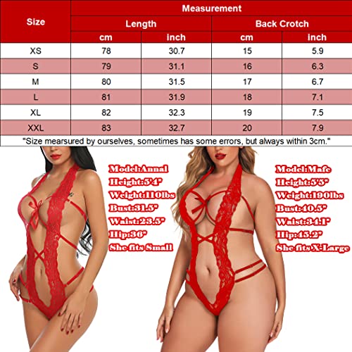 Avidlove Sexy Lingerie For Women Deep V Halter Lingerie Teddy One Piece Bodysuit Lace Babydoll (S, Red)