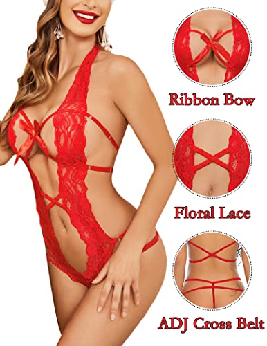 Avidlove Sexy Lingerie For Women Deep V Halter Lingerie Teddy One Piece Bodysuit Lace Babydoll (S, Red)