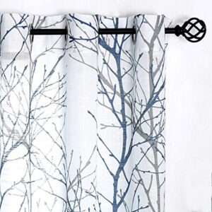 fmfunctex print blue white semi-sheer curtain panels for bedroom 63” grey tree branch printing on linen textured window treatment set for living room draperies 50”w 2-pack