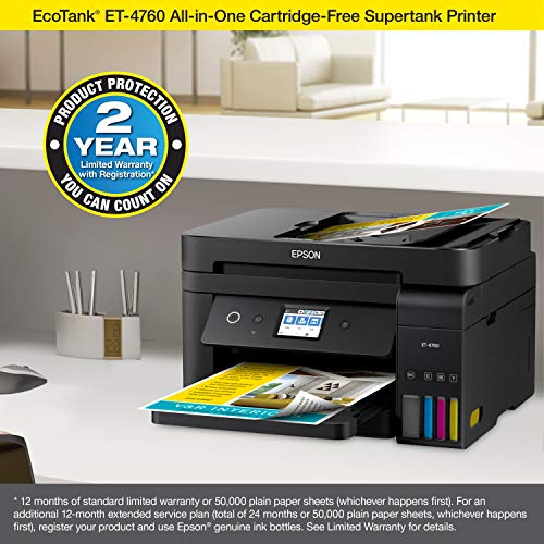 Epson EcoTank ET-4760 Wireless Color All-in-One Cartridge-Free Supertank Printer with Scanner, Copier, Fax, ADF and Ethernet - Black