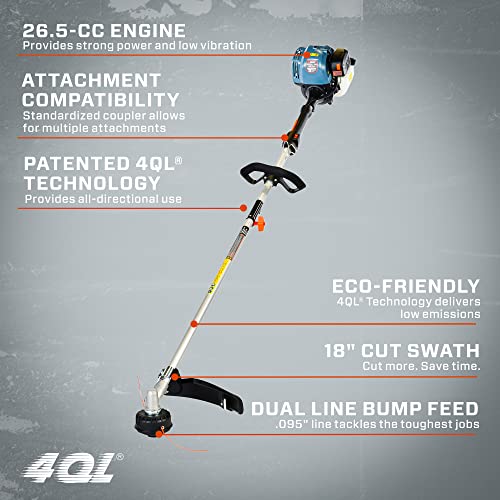 SENIX 4QL® 26.5 cc 4-Cycle Gas Powered String Trimmer, Detachable Straight Shaft, 17.7-Inch Cutting Width, with Dual .095 Cutting Line and Bump Feed, GTS4QL-L, Blue