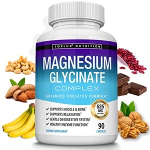 magnesium glycinate complex 525 mg high absorption 100% dv chelated - formulated for recovery, maximum bioavailability vegan for men women, 90 capsules, toplux
