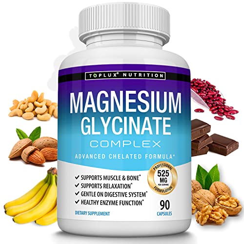 Magnesium Glycinate Complex 525 mg High Absorption 100% DV Chelated - Formulated for Recovery, Maximum Bioavailability Vegan for Men Women, 90 Capsules, Toplux