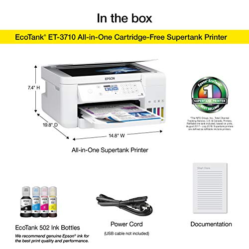 Epson Ecotank Et-3710 Wireless Color Inkjet All-in-One Supertank Printer, White