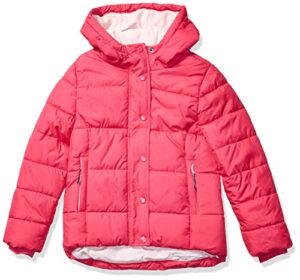 amazon essentials girls' heavyweight hooded puffer jacket, pink, medium