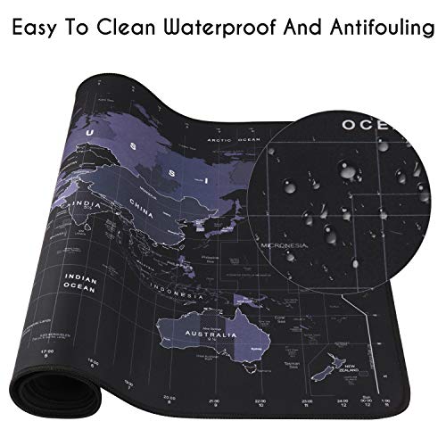 KINEEPLE Large Mouse Pad, Big Gaming Mouse Pad with Stitched Edges, Waterproof and Non-Slip Desk Mat, XXL Extended Keyboard Pad for Home Office Accessories (27.5×11.8×0.1 inch, World Map, Black)