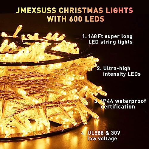 JMEXSUSS 168FT 600 LED Christmas Lights Outdoor Waterproof 8 Modes Indoor Christmas String Lights Warm White Christmas Tree Lights Plug in for Room Bedroom Wedding Party Holiday Decorations.