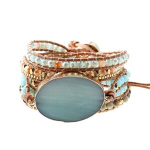 Plumiss Handmade Leather Wrap Natural Amazonite Druzy Bead Crystal Stone Bracelets for Women