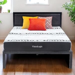 viscologic bed frame, modern design with upholstered headboard, metal frame and wooden slat support, full
