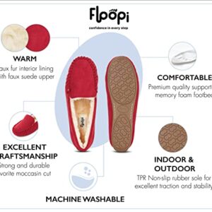 Floopi Women Slippers Moccasins, Soft Faux Fur Lining with Cozy Memory Foam, Ladies House Slippers for Women with Indoor & Outdoor Anti-Skid Sole (8 - Red)