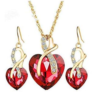 weel gift! gold plated jewelry sets for women crystal heart necklace earrings jewellery set bridal wedding accessories (red.)