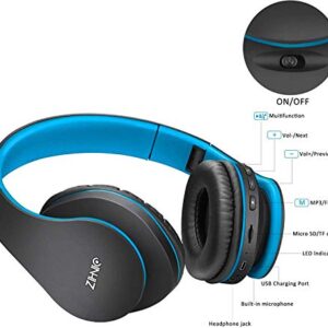 ZIHNIC Bluetooth Headphones Over-Ear, Foldable Wireless and Wired Stereo Headset Micro SD/TF, FM for Cell Phone,PC,Soft Earmuffs &Light Weight for Prolonged Wearing (Black/Blue)