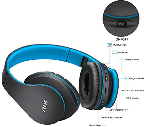 ZIHNIC Bluetooth Headphones Over-Ear, Foldable Wireless and Wired Stereo Headset Micro SD/TF, FM for Cell Phone,PC,Soft Earmuffs &Light Weight for Prolonged Wearing (Black/Blue)