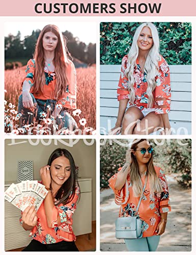 LookbookStore Women Floral Tops fpr Women 3/4 Sleeve Tops Blouse Trendy V Neck Floral Printed Going Out Tops Blouse 3/4 Bell Sleeve Loose Summer Top Shirt Salmon Size S Womens Tops Size 4 Size 6