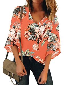 lookbookstore women floral tops fpr women 3/4 sleeve tops blouse trendy v neck floral printed going out tops blouse 3/4 bell sleeve loose summer top shirt salmon size s womens tops size 4 size 6