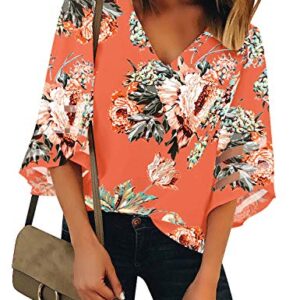 LookbookStore Women Floral Tops fpr Women 3/4 Sleeve Tops Blouse Trendy V Neck Floral Printed Going Out Tops Blouse 3/4 Bell Sleeve Loose Summer Top Shirt Salmon Size S Womens Tops Size 4 Size 6