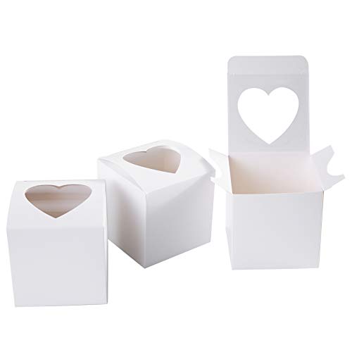 ONE MORE [50pcs] 3" Mini Single Favor White Cupcake Boxes with Heart Shape Window without Handle,Small Cupcake box Carrier Individual Containers 3X3X3inch,Pack of 50