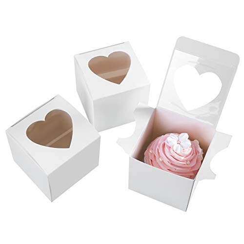 ONE MORE [50pcs] 3" Mini Single Favor White Cupcake Boxes with Heart Shape Window without Handle,Small Cupcake box Carrier Individual Containers 3X3X3inch,Pack of 50