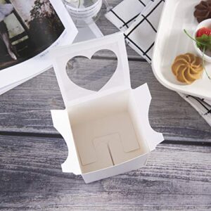 ONE MORE [50pcs] 3" Mini Single Favor White Cupcake Boxes with Heart Shape Window without Handle,Small Cupcake box Carrier Individual Containers 3X3X3inch,Pack of 50