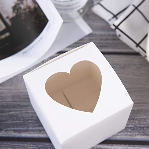 ONE MORE [50pcs] 3" Mini Single Favor White Cupcake Boxes with Heart Shape Window without Handle,Small Cupcake box Carrier Individual Containers 3X3X3inch,Pack of 50