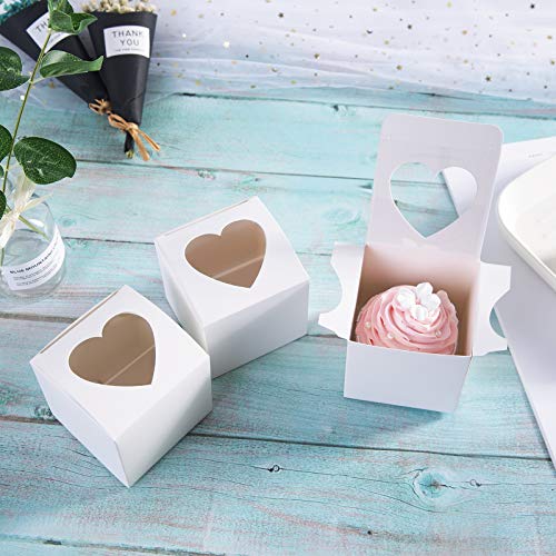 ONE MORE [50pcs] 3" Mini Single Favor White Cupcake Boxes with Heart Shape Window without Handle,Small Cupcake box Carrier Individual Containers 3X3X3inch,Pack of 50