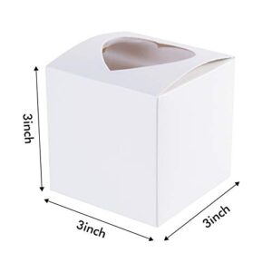 ONE MORE [50pcs] 3" Mini Single Favor White Cupcake Boxes with Heart Shape Window without Handle,Small Cupcake box Carrier Individual Containers 3X3X3inch,Pack of 50